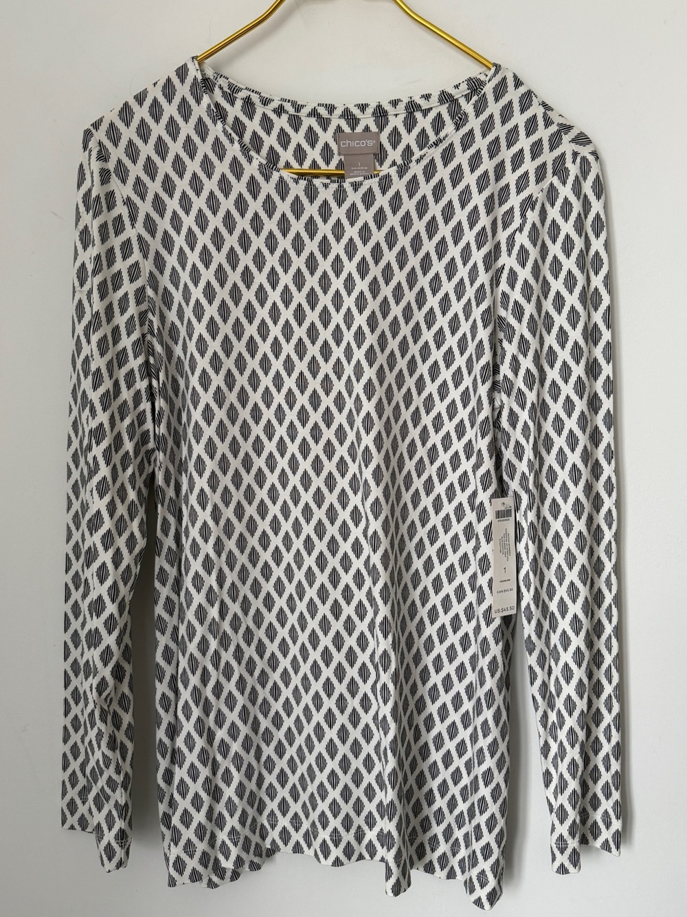 NWT Chico’s Black White Essential Layer Tee Long Sleeve T-Shirt Sz 1 (US Medium)